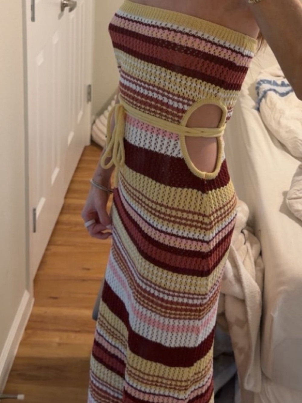 Striped Crochet Strapless Maxi Dress in Yellow, Burgundy & White